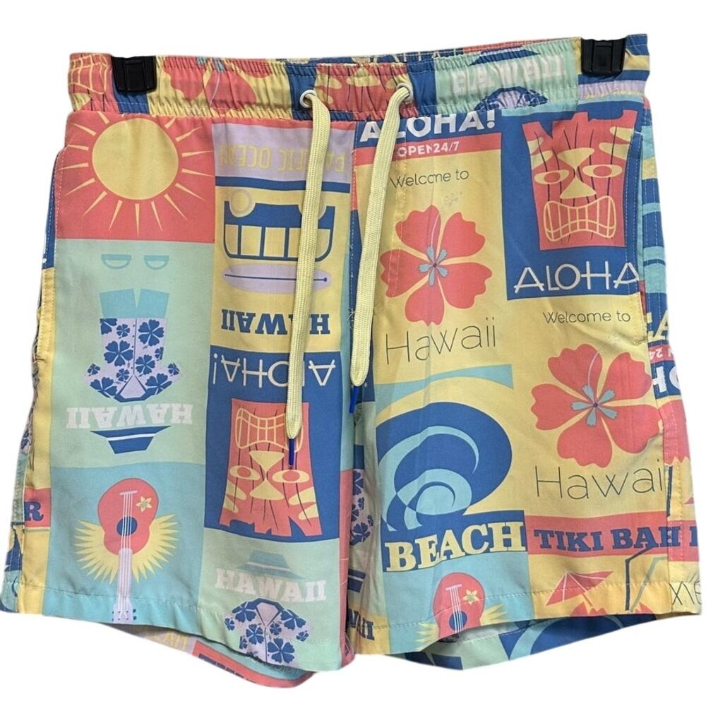 Surf Society Men's Board Shorts Colorful Pockets Stretch Hawaiian Drawstring M